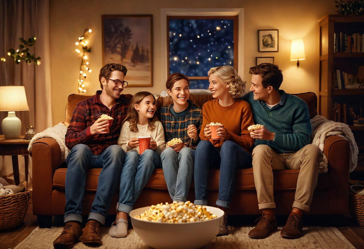 A whimsical, cozy living room scene with a family gathered around a TV, watching heartwarming animated films together. Soft blankets draped over the couch, a bowl of popcorn on the table, and warm fairy lights twinkling in the background. Characters from iconic animated films peeking from the sides, creating a sense of nostalgia and joy. Engaging expressions on the family's faces conveying warmth and togetherness. vibrant colors. cozy atmosphere. digital illustration.