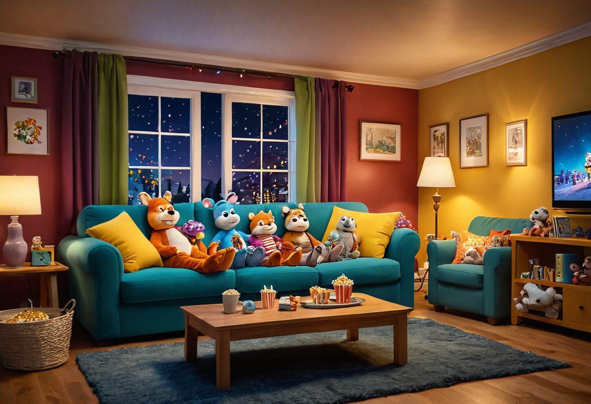 A cozy family movie night scene featuring a large plush sofa surrounded by colorful, whimsical cartoon characters, popcorn scattered around, and fairy lights twinkling overhead. The room has a warm and inviting atmosphere, with a large screen displaying a cheerful animated film. The characters include playful animals and friendly monsters, embodying a sense of joy and togetherness. super-realistic. vibrant colors. soft lighting.