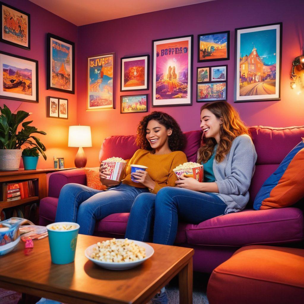 A cozy living room scene with two people snuggled on a couch, surrounded by colorful animated film posters on the walls. The TV screen shows a vivid scene from a beloved animated movie, radiating warm light. A bowl of popcorn sits between them, and fairy lights twinkle in the background. The atmosphere is filled with joy, love, and laughter. vibrant colors. cozy aesthetic. digital illustration.